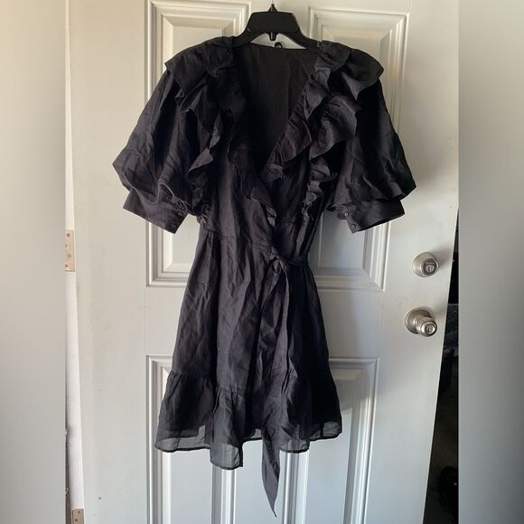 Magali Pascal Maggie Black Silk Blend Ruffled V-Neck Tie Waist Mini Dress Size 8 - Picture 5 of 8